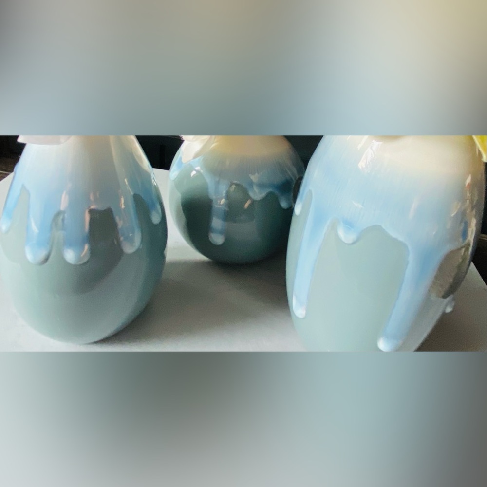 NWT Beautiful 3 Piece Contemporary Glazed Drip Pottery Set-Moss Light Green/Blue - Picture 16 of 16